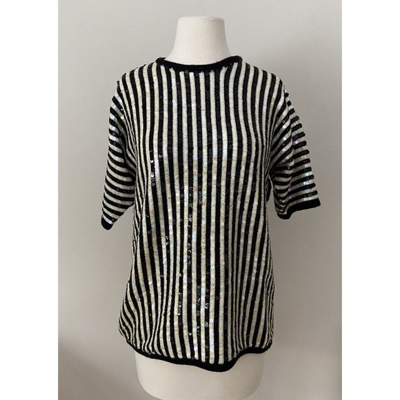 Vintage Sweaters - Regency collection By Joyce Vintage Women’s Sweater Sequins Black‎ White Stripe